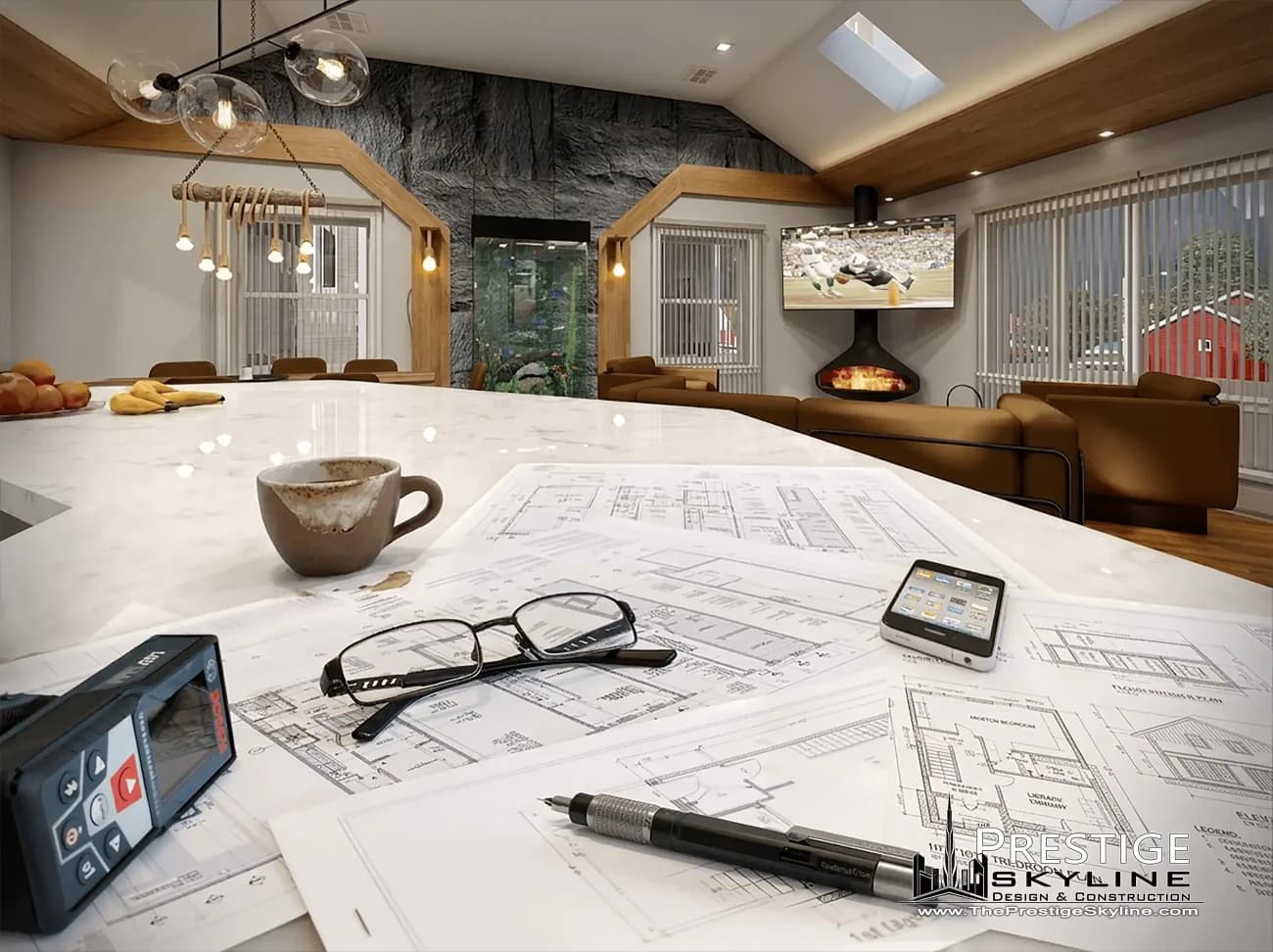 Architectural plans, laser measure, and glasses on a counter with a 3D interior render behind