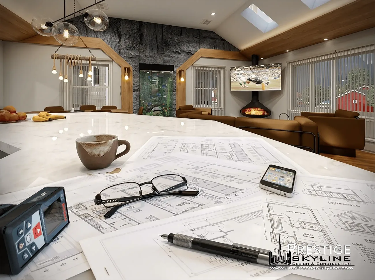 Architectural plans, laser measure, and glasses on a counter with a 3D interior render behind